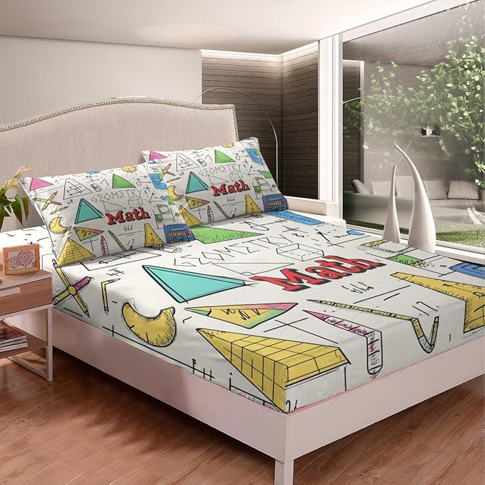 Math Bedding Sets Math Equations Geometric Axis Art Bed Sheets for Kids Toddler,Compasses Calculator School Supplies Fitted Sheet Twin,Mathematics Formula School Educational Dorm Room Decor