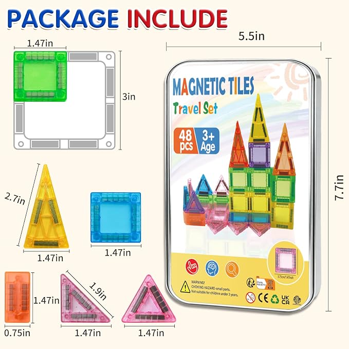 48PCS Mini Magnetic Tiles Travel Set 3+ Years | Kids Magnetic Building Blocks with Iron Box | STEM Educational Sensory Toys | Preschool & On-The-Go Games | Christmas Birthday Gift