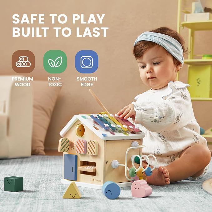 Tiny Land 9-in-1 Wooden Activity Cube, Educational Toy for Toddlers | Montessori Baby Activity Center for 1+ Year Old, Ideal Gift for Boys and Girls (Morandi)