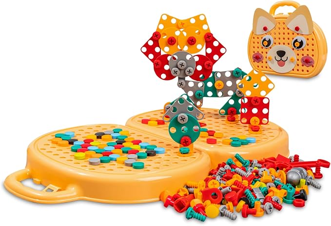 Magic Montessori Play Toolbox with Drill, 203Pcs Magic Montessori Play Toolbox Dog-Themed, 2D/3D Creativity Tool Box Montessori Toys Gift for Age 3-12 Years Old Boys Kids, Girls