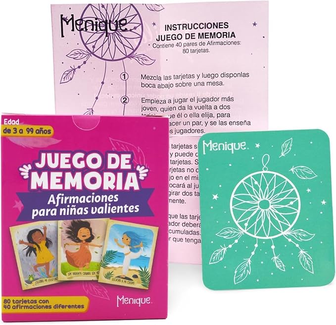 Menique Brilla Memory Matching Game – Spanish Edition – 80 Cards (40 Pairs) with Positive Affirmations for Brave Girls – Mindful Matching Game in Spanish for Confidence and Self-Love