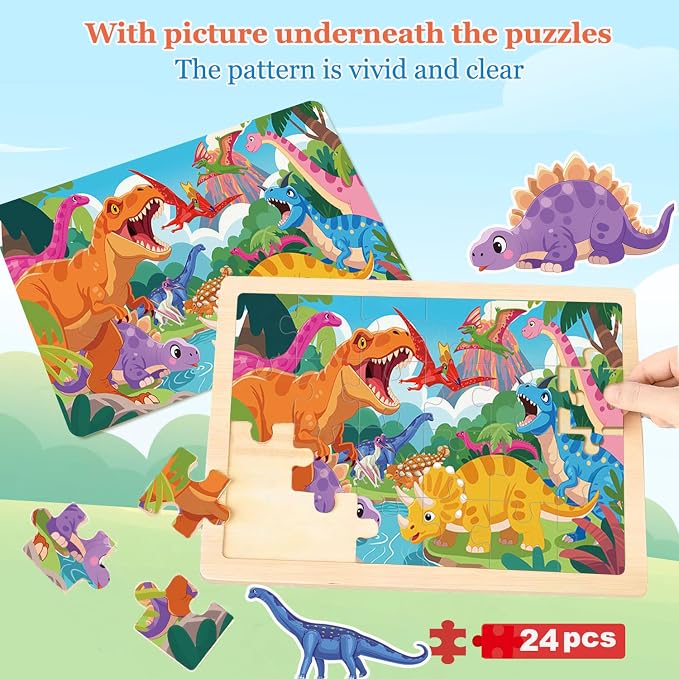 Wooden Puzzles for Kids Ages 4-6, 6 Packs 24 PCs Wood Dinosaur Animals Jigsaw Puzzles for Toddlers Ages 3-5, Preschool Educational Learning Puzzles Toys Gifts for Boys and Girls