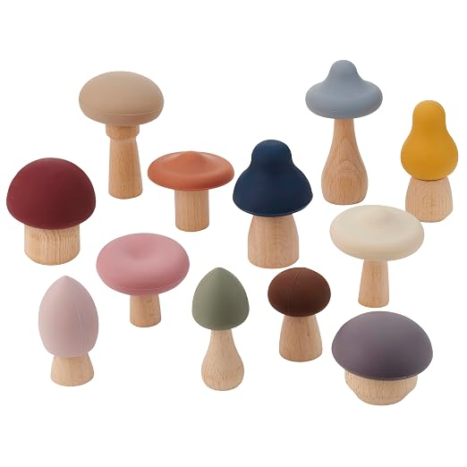 tickit SiliSoft Woodland Mushroom Set | 12 Soft Silicone & Wooden Mushrooms for Sensory Play, Motor Skills & Imaginative Small-World Adventures