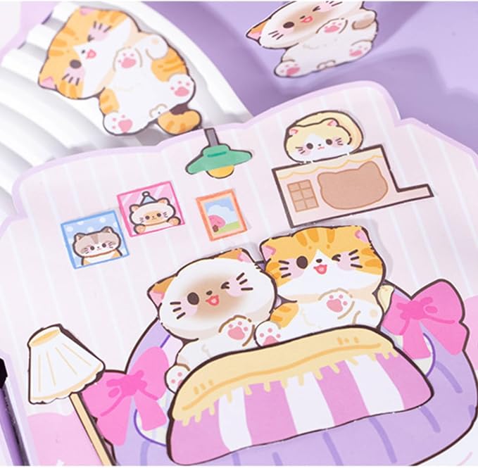 Cat Theme DIY Pre-Cut Sticker Quiet Book with 6 Pages of Background Scenes, Reusable Pretend Play Activity Book for Girls Birthday Gift, Pink