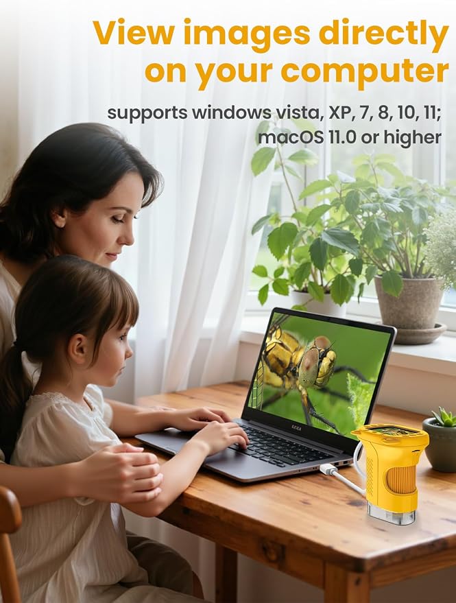 Microscope for Kids, 2.4 Inch Digital Microscope with 1000X Magnification, Handheld Camera Mini Pocket Magnifying Glass, Educational Birthday Gifts Toys for Ages 3+, Yellow