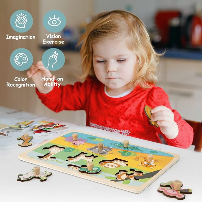 Wooden Peg Puzzles for Toddlers 1-3 - Montessori Educational Learning Puzzle Toys for Baby Gifts