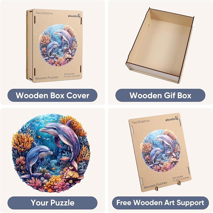 Qiuenisray Wooden Puzzles for Adults, Dolphins Jigsaw Puzzles 200 Pieces | FSC Certified Unique Shape Ocean Puzzles 11.2x11.2 in, Beautiful Decor, Unique Wood Puzzle, Creative Gift for Family Game