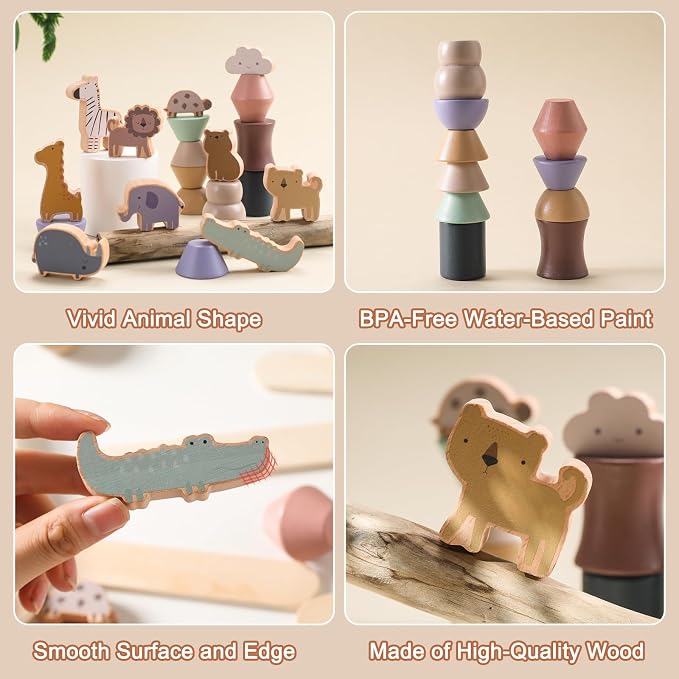 Wooden Animals Threading Toys Lacing Beads for 3+,Stacking Blocks Balance Game,Family Educational Preschool Learning Toy, Preschoolers Montessori Classroom Activities,Ideal Gift for Kids