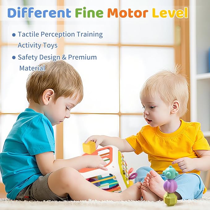 MINGKIDS 7 in1 Baby Sensory Montessori Activity Cube Toys, Shape Sorter Early Learning Toys,Developmental Infant Birthday Gifts for Toddler Age 1 2 3