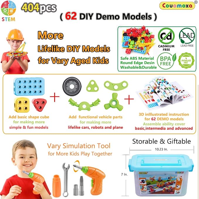 COUOMOXA 404 Pcs STEM Building Toys for Kids Ages 3+ | Creative Interlocking Blocks, Educational Construction Set, Birthday Gift for Boys Girls 4-8