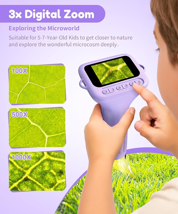 USCAMEL Digital Microscope for Kids 5-7: 1000x Kids Handheld Microscope with Screen 2" inch Pocket miniscope with Slides Kit - for Children Toddler Student Nature Explorers Educational Toy, Purple