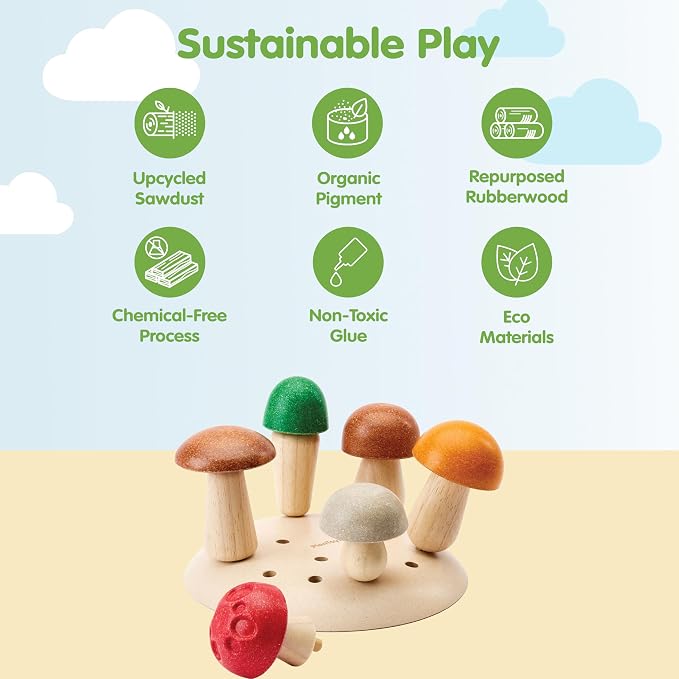 PlanToys® Wooden Play & Pick Mushrooms Toy Kids Garden Learning Playset | wooden mushroom play pick set, montessori imaginative sensory, fine motor coordination, color sorting, garden pretend, kids