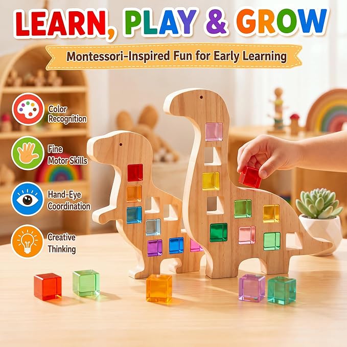 Soulchen Kids Wooden Building Block Set, 20 Rainbow Gem Cube Stacking Blocks - 2 Dinosaur Skeletons, Montessori Toddler Stacking Toy, Learning Educational Toy Sensory Gift for Boys Girls