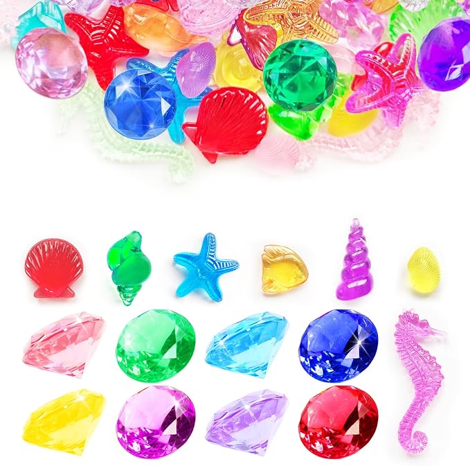 60Pcs Sea Shell Diving Gem Toys 1.57in Large Acrylic Plastic Diamond | 15 Pcs Colorful Gems 45+ Pcs Fake Seashells for Kids Mermaid Pool Party Favors, Pirate Treasure