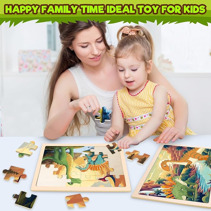Wooden Puzzles Dinosaur Toys for Kids Ages 3-5, 4 Packs Jigsaw Dino Puzzles for Kids Ages 4-6, Educational Boards Game Gifts for 3 4 5 6 Boys Girls