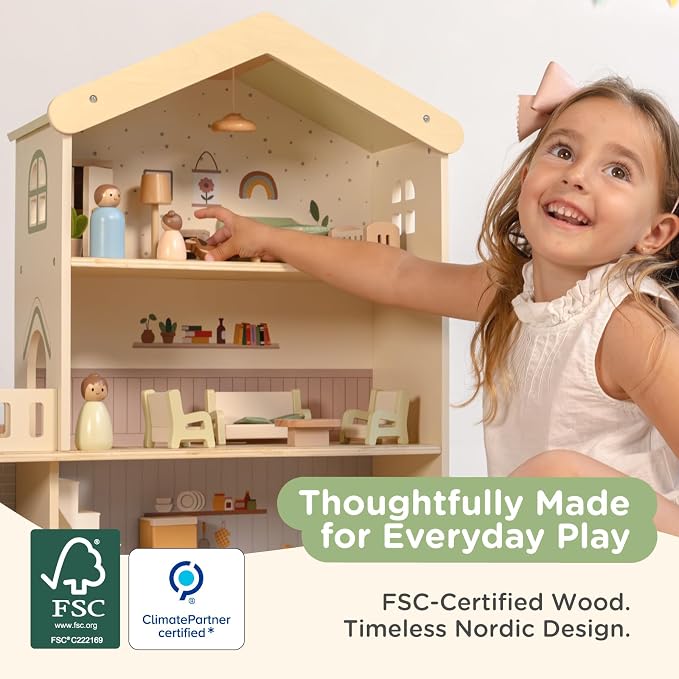 Nene Toys Wooden Dollhouse, 3-Story Doll House for Kids Ages 3+ | 28-piece wooden dollhouse with furniture, family figures, dog, 3 levels, pastel rooms and pretend play for toddlers and kids