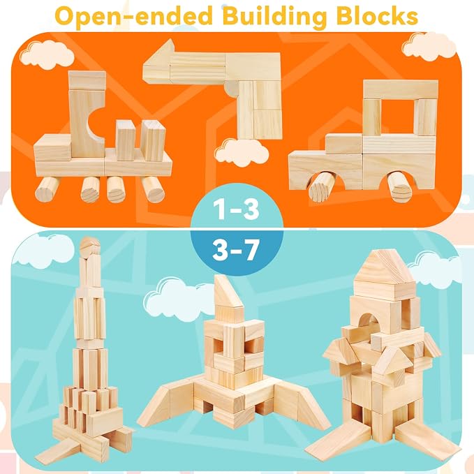 Large Wooden Blocks for Toddlers 1-3, 64Pcs Big Wood Building Blocks Set | Wooden Storage Box, Large Toddler Blocks Building and Stacking Toys Construction Set, Natural Child Safe Solid Wood Blocks