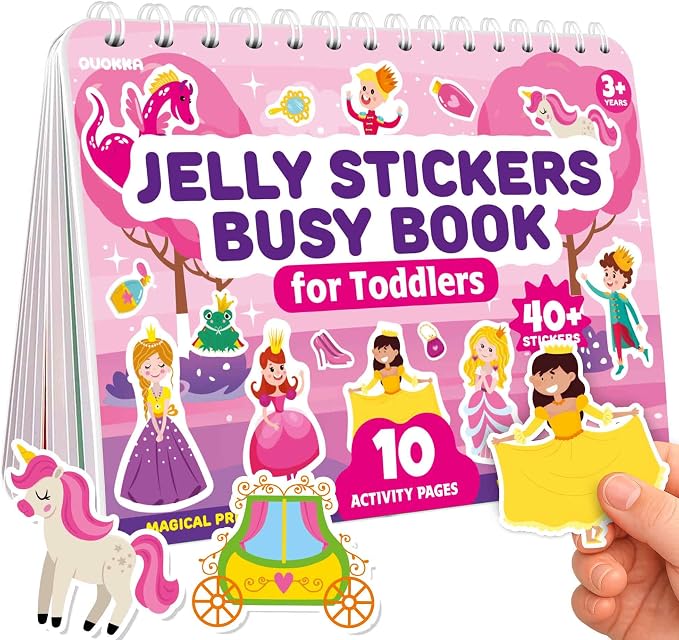 QUOKKA Jelly Sticker Books for Toddlers 1-3, 10 Fairy Tale Themes Unicorn Princess Mermaid, 40+ Large Thick Reusable Stickers, Waterproof Washable Toddler Activity Busy Book, Travel Toy | 10 Fairy Tale Themes with Unicorn, Princess, Mermaid - Waterproo...