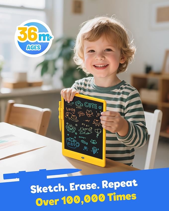 LCD Writing Tablet for Kids, 10-inch Coloring Drawing Pad, Mess Free Doodle Board, Airplane Travel Toys for Boys and Toddlers, Road Trip Essentials, Gifts for 3 4 5 6 7 8 Year Old Girls(Yellow)