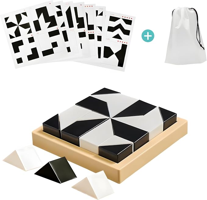 3D Spatial Stacking Puzzle, Brain Teaser for Kids & Adults, 16 ABS Geometric Pieces with Challenge Booklet & Storage Tray