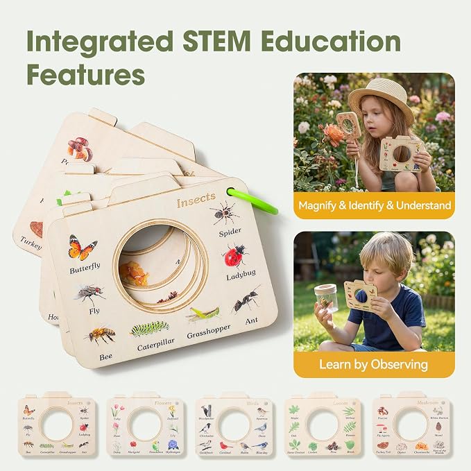 Wooden Bug Catcher Kit for Kids 3-8, 10PCS Durable Outdoor Explorer Kit with Magnifying Glass, Butterfly Net & STEM Guide, Catch & Release Adventure Set for Backyard & Camping