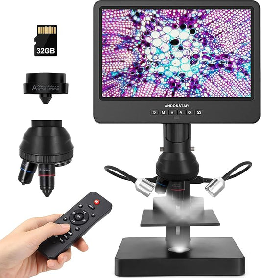 Andonstar AD249S-P 10.1 Inch HDMI Digital Microscope, 4000x 3 Lens 2160P UHD Video Record, Biological Microscope Kit for Adults and Kids, Coin Microscope for Error Coins, Prepared Slides, 32G SD Card