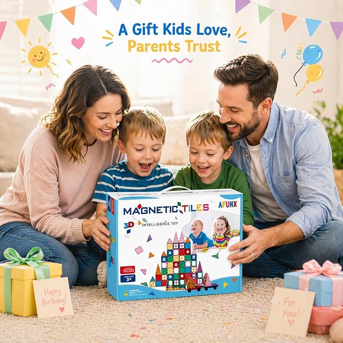 AFUNX 102PCS Magnetic Tiles for Kids,Strong Magnets,3D Clear STEM Toys | Endless Building Possibilities,Discover Magic of Magnets Through Play,Safe ABS and Smooth Edges,with Magical Light and Shadow