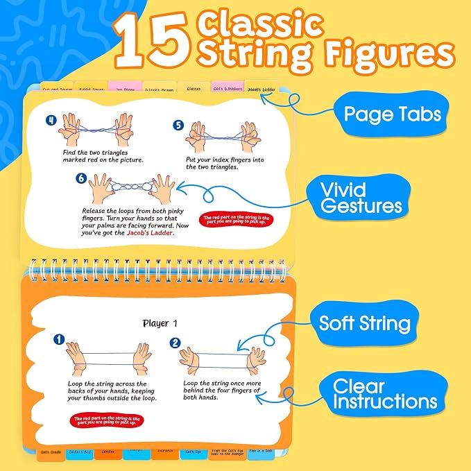 Kasfalci String Game Book Kit - Teen Girl Gifts, Birthday Gifts for 8 9 10 11 12 Year Old Girl - Classic Finger String Figures Toy - Travel Toys for Boys Girls Ages 6-12 - Brain Teaser Activity