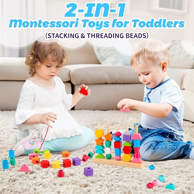 Montessori Wooden Beads Sequencing Toy Set, Stacking Blocks & Lacing Beads & Matching Shape Stacker, Montessori Toys for 3 4 5 Year Old STEM Preschool Learning Toys Gifts for Kids Boy Girl Toddler