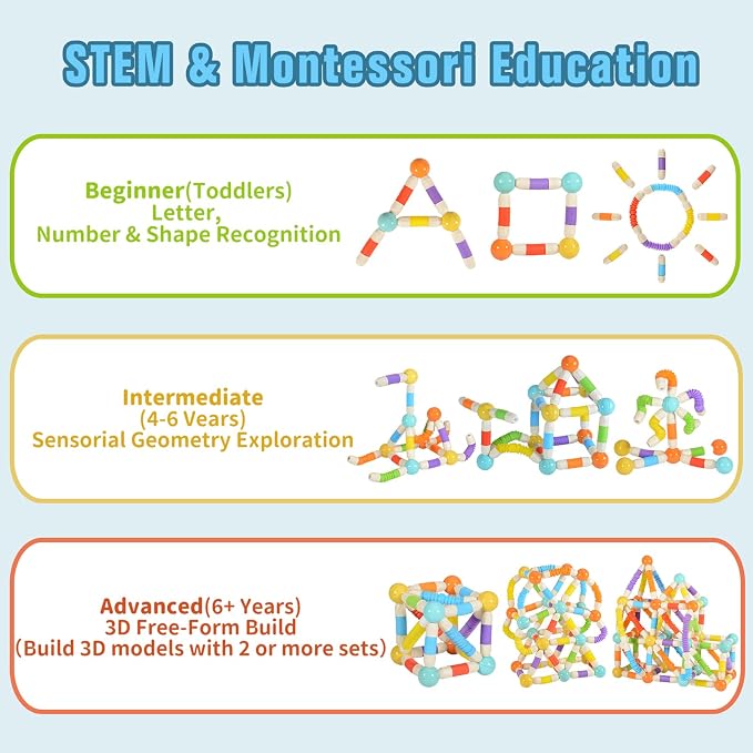 58PCS Extendable Magnetic Building Sticks STEM Montessori Toy Set Ages 3-7 | Non-toxic ABS Sealed Magnets. Extendable Bendable Sticks & Balls 3D Construction. Parent-Child Play Parties School Kids Gift