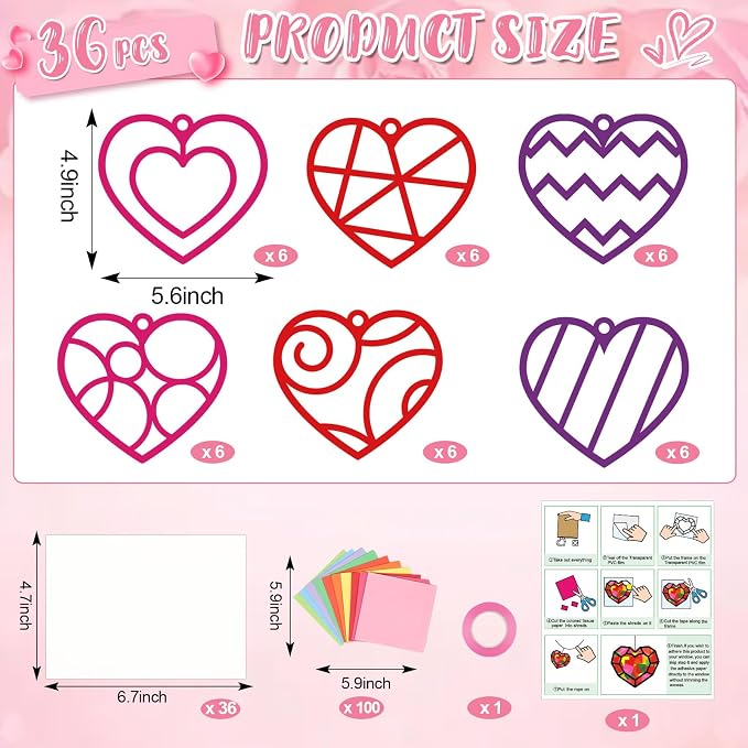 Qyeahkj 36 Set Valentine's Day Suncatchers Craft Kit DIY Heart Window Stained Glass Effect Paper Pink Love Window Tissue Paper Craft Home Decor Valentines Art Supplies Favor Gift