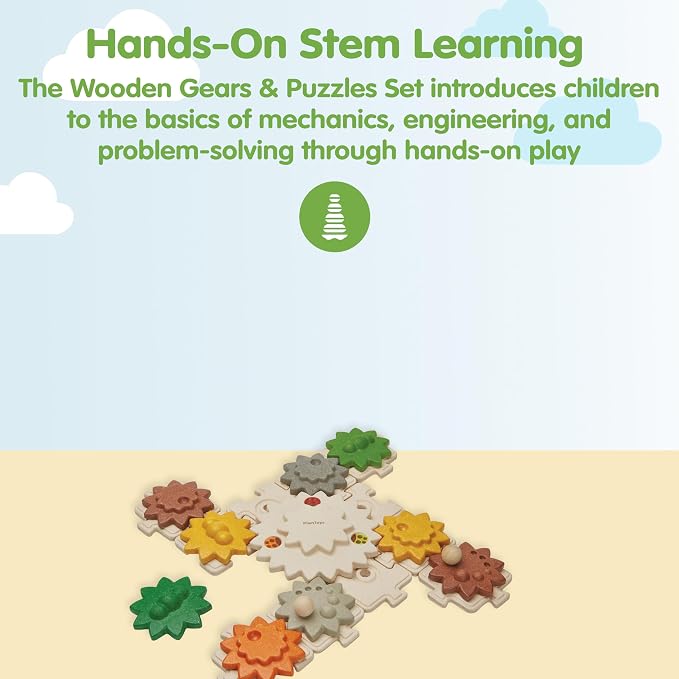PlanToys® Wooden Gears & Puzzles Set Montessori STEM Kids Educational Toy | rotating parts, cause and effect toys, construction toys, girls, boys, logical thinking fine motor learning gift set fun