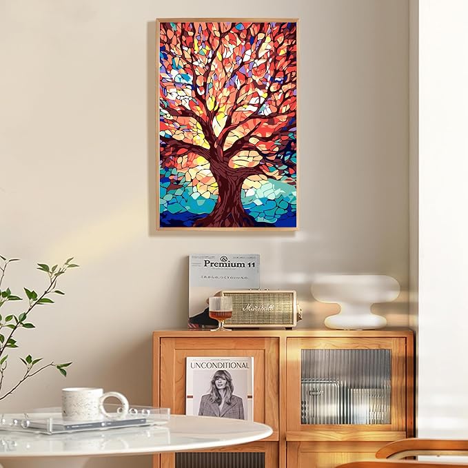 Fountor Framed Paint by Numbers Kit for Adults Beginner & Kids Ages 8-12, Tree of Life Paint by Number with Frame, Easy Acrylic Stained Glass Colorful Tree Painting by Numbers Kit on Canvas 8x12 inch