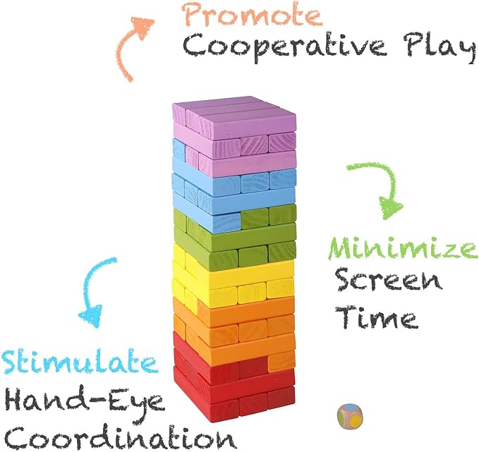 Pidoko Kids Wooden Tumbling Tower Blocks Stacking Game for Kids - 49 Pcs | Board Games for Family Game Night - Montessori Toys Gifts, Includes Storage Bag