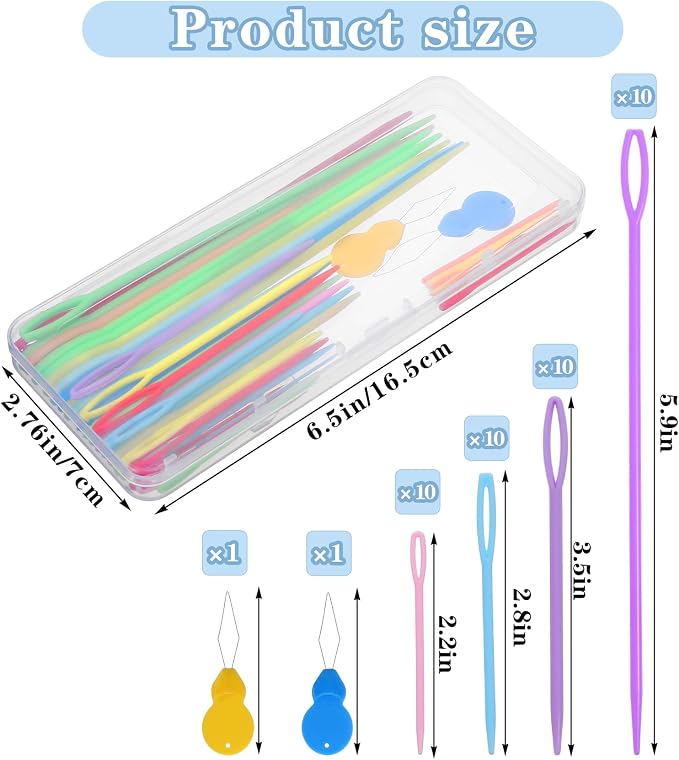 Plastic Needles for Yarn, Plastic Sewing Needles for Kids | with Threader, & Storage Box, 2.2 in, 2.8 in, 3.5 in, & 5.9 in, for Handmade Crafts, Canvas and Yarn Projects