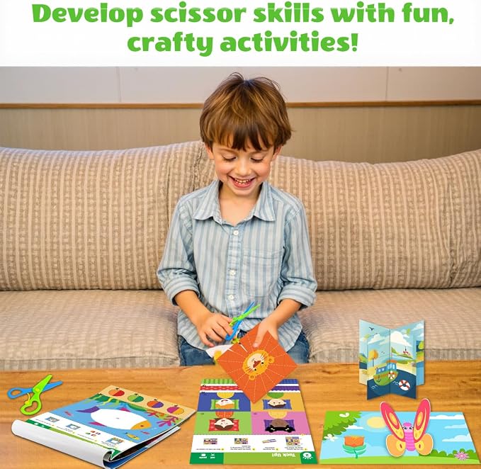 Toddler Scissor Skills Activity Book, Fun Arts and Crafts for Kids 4-6, Preschool Learning Toys Fine Motor Skill Cutting Art kit, 2 Safety Scissors, Birthday Gifts for Girls & Boys Ages 3, 4, 5, 6, 7