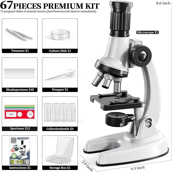 65Pcs Microscope Kit Toys 100X-1200X Magnification for Kids 3-13 | Microscope with 100X-1200X magnification, 7 colors light and 12 prepared slides, Christmas gift for kids science experiments