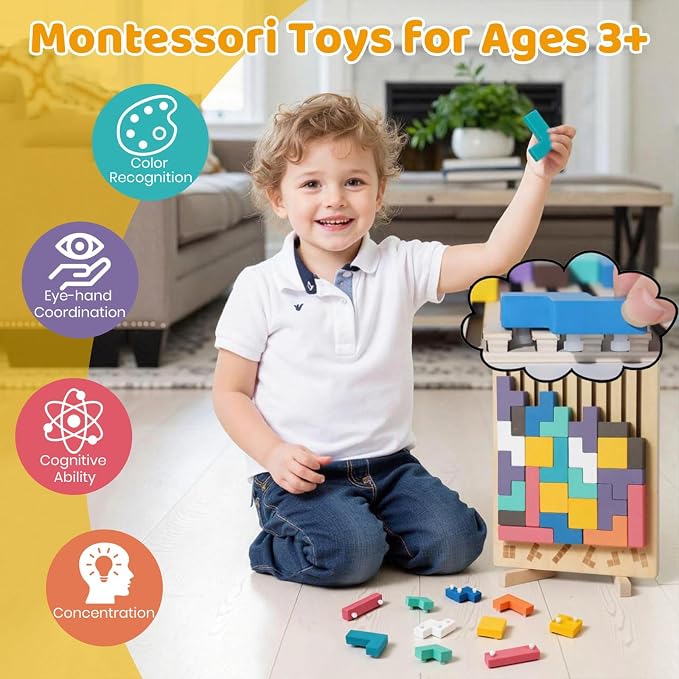 Montessori Brain Blocks Kids Wooden Stacking Toys 3D Tetris Puzzles | 42 PCS Colored 3D Russian Block Puzzle with Cards & Bag, Educational Montessori Toys Jigsaw Stack Game Board for 3-8 Year Old