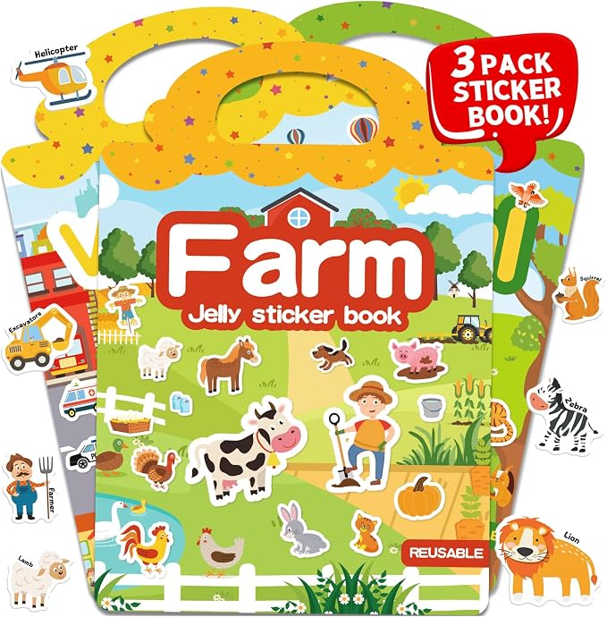 3 Sets Reusable Sticker Book for Toddlers 3-6, Jelly Sticker Books for Toddler, Travel Sticker Activity Toys for Kids 3 4 5 6 Years Old Girls & Boys（Farm + Vehicles + Animal）