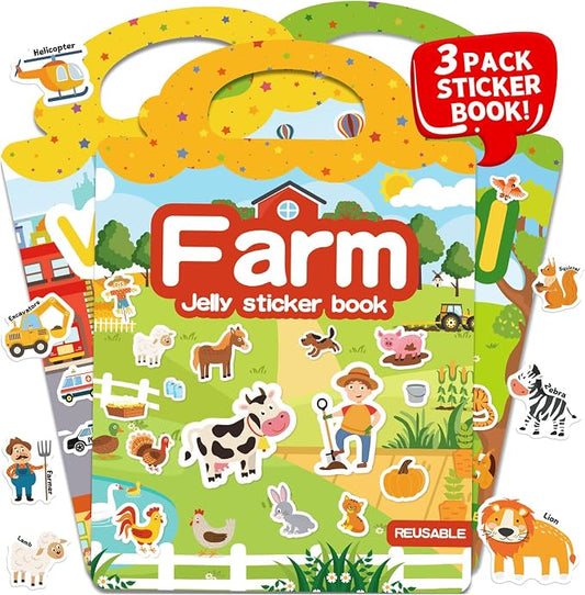 3 Sets Reusable Sticker Book for Toddlers 3-6, Jelly Sticker Books for Toddler, Travel Sticker Activity Toys for Kids 3 4 5 6 Years Old Girls & Boys（Farm + Vehicles + Animal）