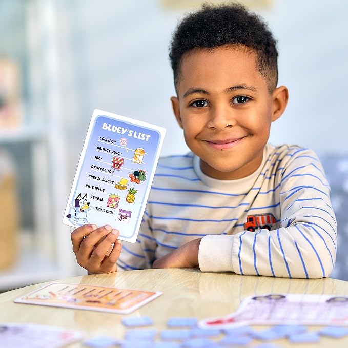 Bluey Shopping List Game, Memory & Matching Supermarket Game | Race to fill trolley with Bluey, Bingo, Bandit & Chilli, 2-4 players; family game for kids ages 3+