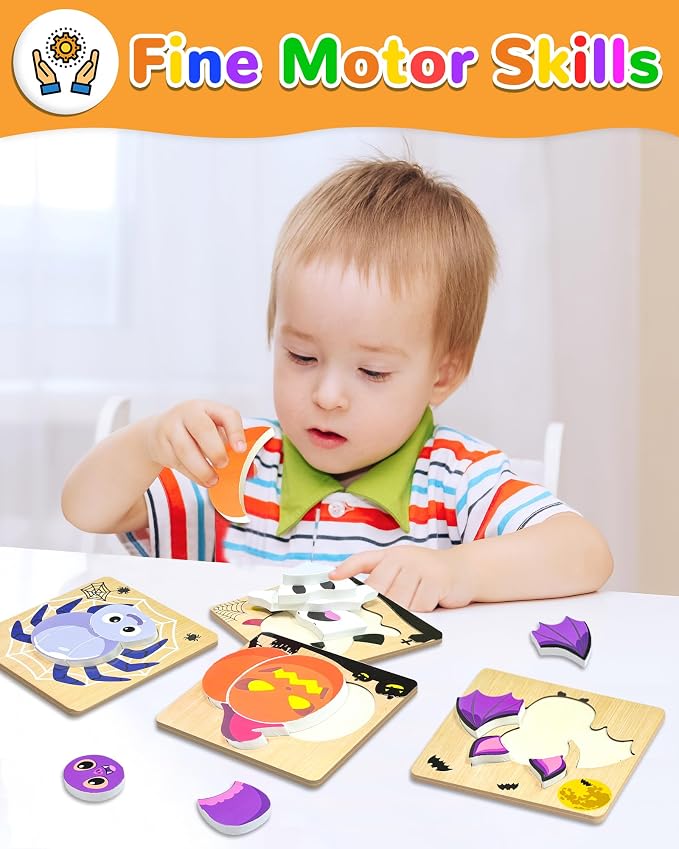4 Pack Halloween Wooden Puzzles for Toddlers,Halloween Boo Basket Stuffers Party Favors Treats, Montessori Toys Birthday Gifts for Kids Boys Girls