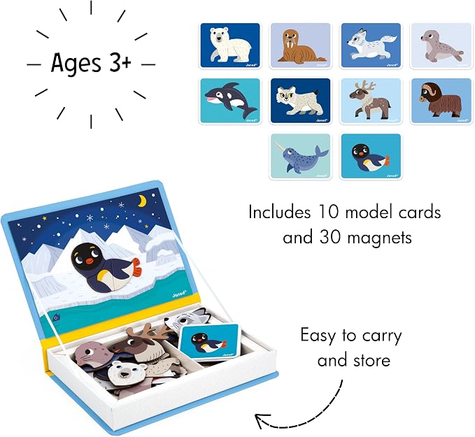 Janod - Magnéti'Book Polar Animals - Magnetic Educational Game 30 Magnets + 10 Models - Children's Toy Made of Cardboard - Develops Fine Motor Skills and Imagination - Suitable for Ages 3 and Above | Develops Fine Motor Skills - Boosts Imagination - Ca...