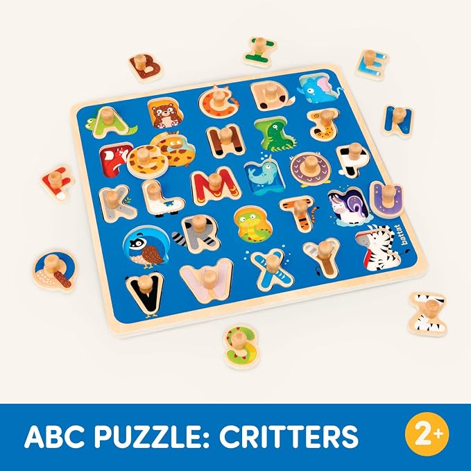 Battat Wooden ABC Peg Puzzle, Critter Alphabet Learning Toy, Alphabets | 27-piece wooden alphabet puzzle with 1 board and 26 letter pegs, colorful critter matching play, fine motor, 2+ Years