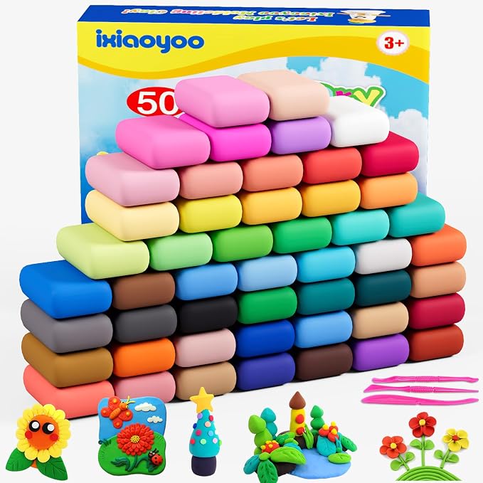 Ixiaoyoo Air Dry Clay, 50 Colors Foam Modeling Clay for School Projects | Safe & Non-Toxic, Soft, Non-Sticky, DIY Model Crafts Kids Toys for Home Party Favors, Birthday Gifts for Aged 3–12 Boys Girls