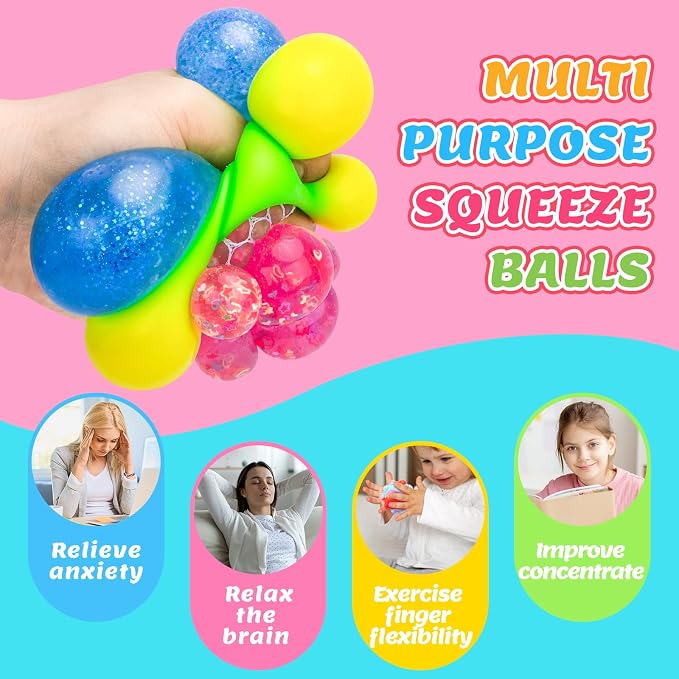 Stress Balls 4 Pack for Adults and Kids, Squeeze Squishy Fidget Toys | Sensory Toys for kids with Autism, Squishy Fidget Toys for Stress and Anxiety Relief, Prize for Classroom