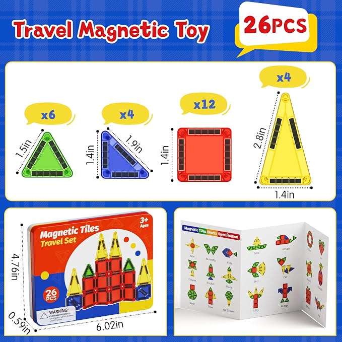 Magnetic Tiles Travel Essentials for Toddlers: 26PCS Storage Case Included | Portable Building Blocks & Car Ride Activities for Ages 3-5 & On-the-Go STEM Learning Gift for Boys & Girls