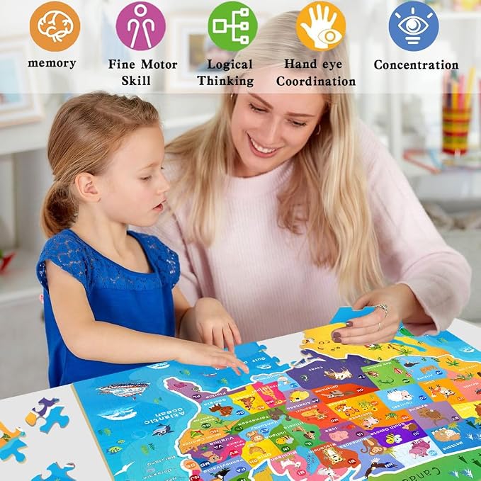 Puzzles for Kids Ages 6-8 & 8-10, 200 Piece USA Map Jigsaw Puzzle | Educational Learning Toy Jigsaw Puzzles for Kids Ages 10-12, Great Birthday & Holiday Gift for Boys and Girls, Home Decor