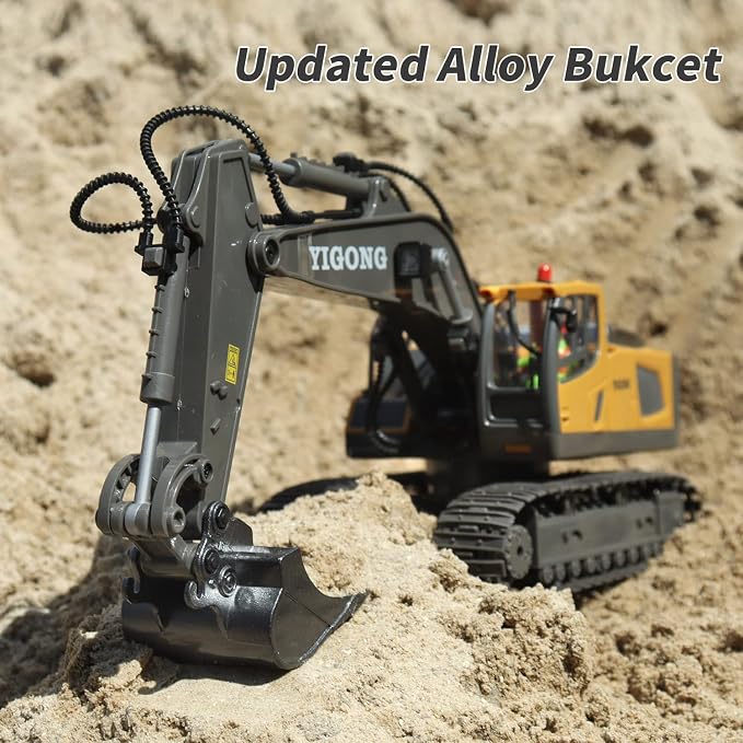Remote Control Excavator 11 Channel RC Excavator Truck Toys 1/20 Scale 2.4Ghz Construction Vehicles with Metal Shovel 680° Rotation for Kids Boys Age 4-7 8 9 10 Year Old (Yellow)