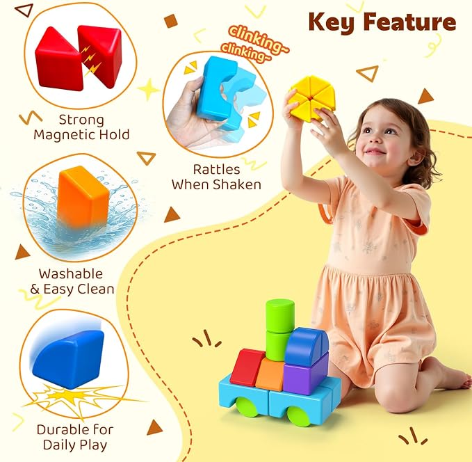 Pairez Toys Multi-Shape Magnetic Blocks, Large Building Blocks Set | 20 PCS Blocks, 7 Colors & 7 Shapes, Stack & Build, Sensory Click Sounds, Montessori Learning Toy, Travel Toys for Kids 3-5